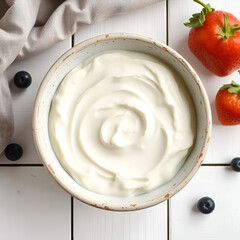 a top down view of a bowl of greek yogurt rested on a white wooden surface with the perfect amount of space for additional images or text this captures the concept of greek organic yogurt