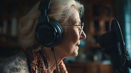 An elderly woman with headphones and glasses speaks into a microphone in a cozy indoor setting