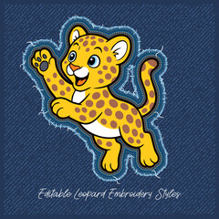 Cute Leopard Embroidery Style on Jeans Texture,vector illustration