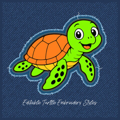 Cute Cartoon Turtle Patch Design on Denim,vector illustration