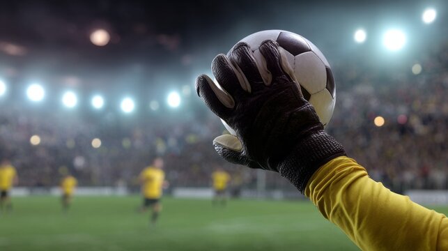 Goalkeeper makes a vital catch during an intense football match at a packed stadium