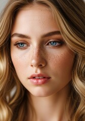 Obraz premium Closeup portrait of a beautiful young woman with striking blue eyes and natural freckles, showcasing her delicate features and healthy skin