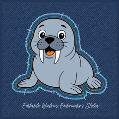 Happy Walrus Embroidery Style Applique,vector illustration
