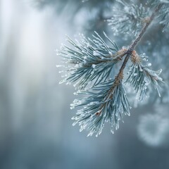 Frost-covered pine branch in a tranquil winter landscape with soft sunlight filtering through the trees