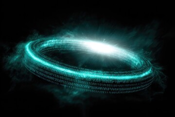 A glowing, digital ring with binary code against a dark background