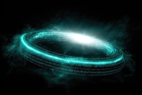 A glowing, digital ring with binary code against a dark background - Powered by Adobe