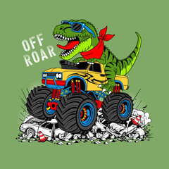 Cool Dinosaur Riding a Monster Truck,vector illustration