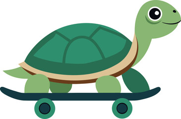 A cute, smiling green cartoon turtle with a large shell happily riding on a dark green skateboard.