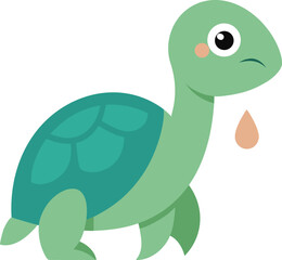 A sad green cartoon turtle with a teal shell is crying a single teardrop, looking upset and emotional against a white background.