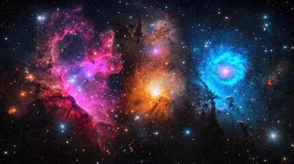 Cosmic background featuring stars and galaxies in deep space: A mesmerizing cosmic scene with glowing stars, nebulae, and a spiral galaxy set against a deep black background, creating a sense of