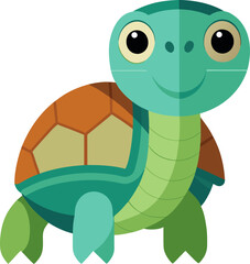 A charming cartoon illustration of a friendly baby sea turtle with large, expressive eyes, a geometric brown shell, and a vibrant green and blue body.