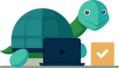 A cheerful green cartoon turtle successfully completes a task on a laptop computer.