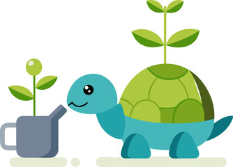 A charming blue turtle with a plant growing from its green shell tends to a small seedling in a watering can.