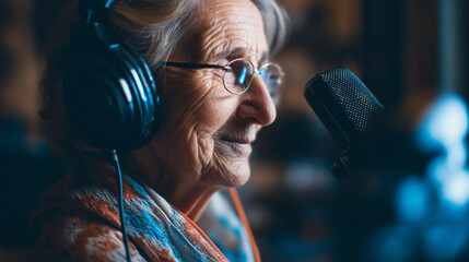 Elderly woman with glasses and headphones speaking into a microphone in a recording studio setting