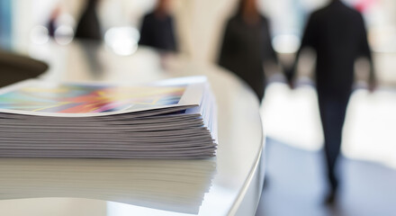 Stack of brochures displayed during business events, with attendees in background. Promotional brochures showcase information to inform visitors.