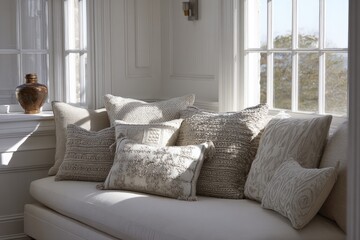 Elegant White Living Room Window Seat With Decorative Pillows