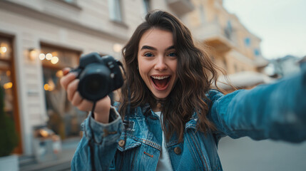 A smiling woman holding a camera in a city street taking a selfie with a joyful expression