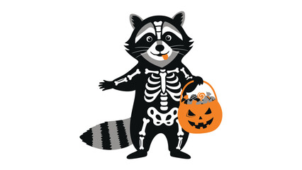 Spooky Raccoon Halloween: A cartoon raccoon dressed in a skeleton costume gleefully holds a jack-o'-lantern bucket, ready for a night of trick-or-treating during Halloween. © Mahbuba
