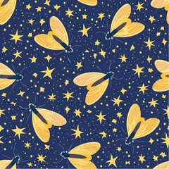Naklejka premium Seamless pattern with moths and stars on a dark blue background.