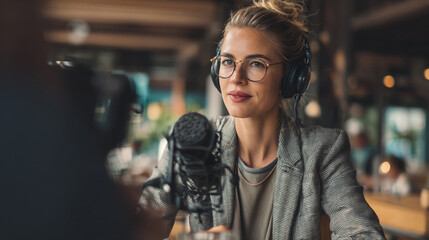 Woman with glasses and headphones recording a podcast with a microphone in a cafe setting