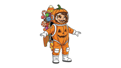 Astronaut Pumpkin: A whimsical illustration of a child in a pumpkin astronaut suit, ready for Halloween adventure © Mahbuba