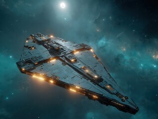 spaceship flies towards a beautiful nebula with a bright moon in outer space