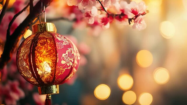 A red lantern hangs from a tree branch adorned with pink flowers