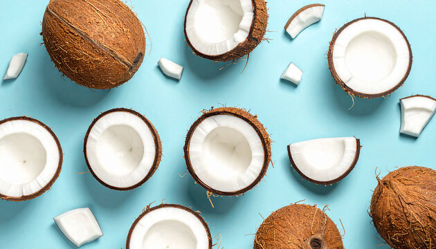 Whole and halved coconuts with scattered pieces on a bright blue background whole coconut - Powered by Adobe