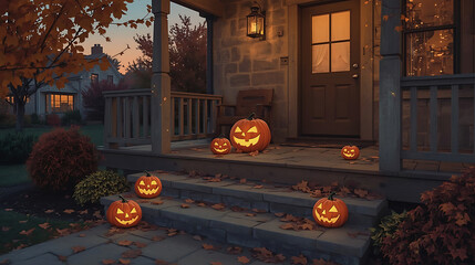 Charming Halloween display with glowing jack-o'-lanterns on a cozy porch at twilight, perfect for festive autumn celebrations and neighborhood trick-or-treating