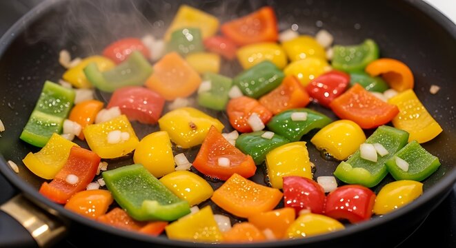 Colorful Bell Peppers and Onions Saut?ing in a Pan.