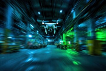 Drone Flying Through Futuristic Warehouse with Blue and Green Lights.