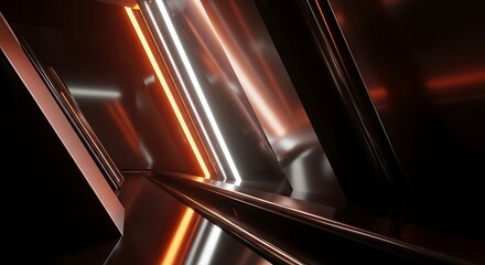 Abstract metallic tunnel with orange and white neon lights, futuristic scifi background