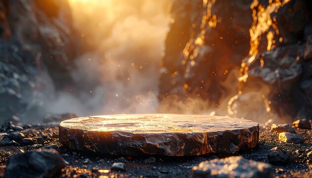 A grand stone pedestal rests on rugged rocks, bathed in golden light with subtle rising mist, creating a mystical, dramatic outdoor setting against a soft blurred background - Powered by Adobe