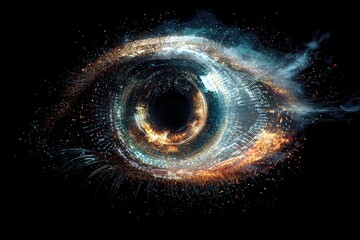 Artistic depiction of an eye composed of light and particles against a black background