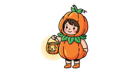 Pumpkin-Themed Halloween: A young child, joyfully costumed as a vibrant pumpkin, carrying a glowing jack-o'-lantern, embodies the pure fun of Halloween.