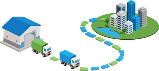 Logistics truck delivering goods to city with modern buildings and green spaces