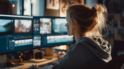 Woman editing video footage on multiple computer screens in a dimly lit office environment at night