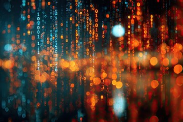 Abstract depiction of falling binary digits in an illuminating orange-blue digital aesthetic