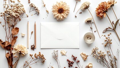 Dried Floral Arrangement with Beige Envelope and Candle on White Background Studio Still Life