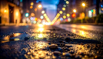 City Lights Reflection Wet Pavement and Bokeh in Urban Night