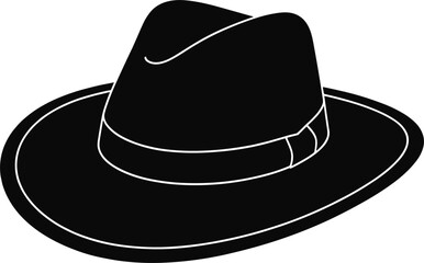 Black Silhouette of a Fedora Hat with Band on White Background Keywords: hat, fedora, cap