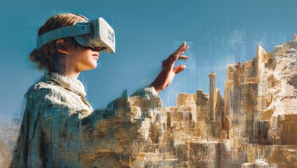 Futuristic virtual reality experience exploring an ancient desert castle simulation.