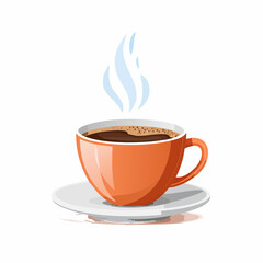 Obraz premium Illustration of a steaming cup of coffee in an orange mug on a white saucer.