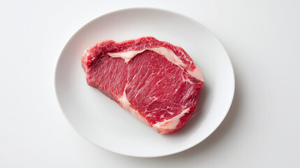 白く明るい背景で俯瞰撮影された一枚の上質な牛ロースステーキ用生肉