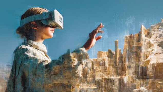 Futuristic virtual reality experience exploring an ancient desert castle simulation.