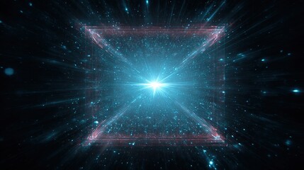 Galactic portal square frame with bright central starburst on cosmic background