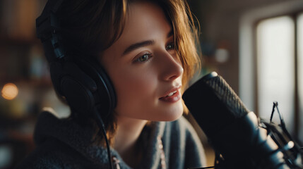 Young woman with headphones speaking into a microphone in a home recording or podcasting setting
