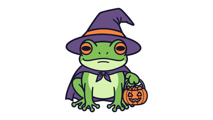 A Whimsical Halloween Frog: A charming illustration features a frog dressed as a witch for the holiday, holding a carved pumpkin, full of festive spirit.