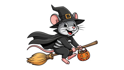 Obraz premium Whimsical Halloween Mouse: A delightful cartoon mouse, clad in a witch's hat and cloak, soars through the sky on a broomstick, embodying the enchanting spirit of Halloween.
