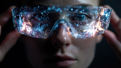Futuristic Woman Wearing Augmented Reality Glasses with Digital Reflections.